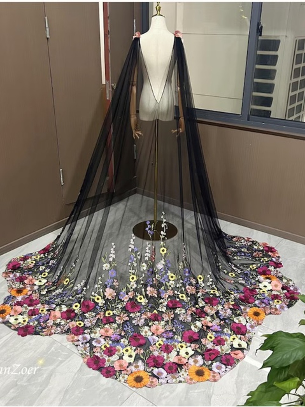 Handmade Black Tulle and Mutli-color Floral Wedding Veil Cape